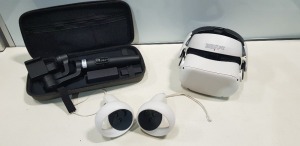 2 X MIXED LOT CONTAINING ONE BOBOVR M2 HEAD STRAP FOR META QUEST OCULUS POWERED BY XIAOZHAI AND JOBY SMART STABILIZER KIT ALONG WITH 2 CONTROLLERS- HANDPOD TRIPOD WITH CASE AND ALL PARTS (BLUE 15 )