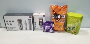 MIXED LOT CONTAINING 1 X BOX CADBURY MINI SNOWBALLS EXP 31/03/25, 1 BOX OF DORITOS TANGY CHEESE EXP 14/12/24, 6 X 500G LINDT PISTACHIO CHOCOLATES EXP 31/10/24, 10 X BOXED GOODMANS LADY SHAVERS , 12 X BOX GOODMANS RECHARGEABLE DELUXE GROOMING KIT