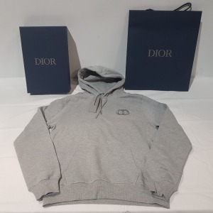 1 X BRAND NEW WITH TAGS IN BOX DIOR CD ICON HOODED SWEATSHIRT GRAY COTTON FLEECE IN SIZE L, WITH GIFT BOX AND RIBBON (P)