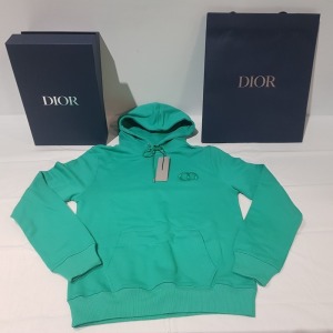 1 X BRAND NEW WITH TAGS IN BOX DIOR CD ICON HOODED SWEATSHIRT GREEN COTTON FLEECE IN SIZE M WITH GIFT BOX AND RIBBON (P)