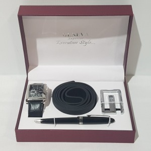 1 X BRAND NEW BOXED GENEVA SUPERIOR EXECUTIVE STYLE WATCH, BELT AND PEN GIFT SET (P)