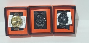 3 X BOXED ORLANDO QUARTZ WATCHES. 2 X BLACK AND 1 X GOLD (P)