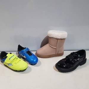 MIXED KIDS SHOE LOT TO CONTAIN 35 X BRAND NEW BOXED GIRLS BEIGE STYLE 'GRACE A7868' BOOTS IN VARIOUS SIZES, 12 X BRAND NEW BOXED BOYS FOOTBALL BOOTS IN VARIOUS SIZES AND 13 X BRAND NEW BOXED GIRLS BLACK SHOES IN VARIOUS SIZES