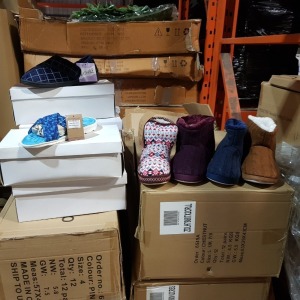 60 X BRAND NEW BOXED/FACTORY SEALED LADIES (SML QUANTITY OF MENS) SLIPPERS IN VARIOUS STYLES AND SIZES - IN 5 LARGE BOXES