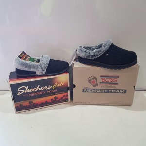 7 X BRAND NEW BOXED LADIES SKETCHERS FOOTWEAR - 3 X SKETCHERS COZY CAMPFIRE TEAM TOASTY WOMENS SLIP ON SHOES IN BLACK/GREY IN SIZE 4 AND 4 X SKETCHERS KEEPSAKES ICE ANGEL WOMENS MULE SLIPPERS IN BLACK IN SIZE 5, EACH RRP £39.99