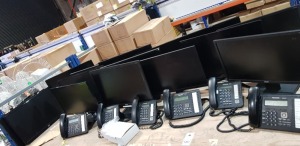 LARGE OFFICE LOT TO CONTAIN APPROX 13 MONITORS AND 6 X PANASONIC DESK PHONES ON 1 SHELF