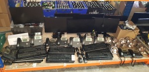 LARGE AMOUNT OF MIXED OFFICE EQUIPMENT LOT CONTAINING SAMSUNG PC MONITORS ,YEALINK OFFICE PHONES , DESK FANS , PC KEYBOARDS , ETC ON A FULL BAY