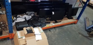 LARGE AMOUNT OF MIXED OFFICE EQUIPMENT LOT CONTAINING SAMSUNG PC SAMSUNG MONITORS , YEALINK IP OFFICE PHONES , PROJECTOR STANDS ETC ON A FULL BAY