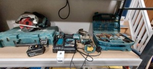 6 X PIECE MIXED TOOL LOT TO INCLUDE 2X MAKITA DRILL BITS ACCESSORIES WITH CARRY CASE - 1X MAKITA GRINDER - 1X MAKITA IMPACT DRIVER - 1X MAKITA CIRCULAR SAW WITH BATTERY - 1X CHARGER