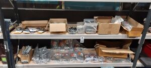 40+ PIECE MIXED LOT TO INCLUDE GATEMATE LAMINATED STEEL PADLOCKS - STAINLESS STEEL PADLOCKS - BRASS PADLOCKS - GATE ZEDLOCK - VARIOUS SIZED NAILS - GATE MATE GARAGE DOOR BOLTS - GATE MATE D BRACKETS - GATE MATE CORNER BRACES - ETC ON 2 SHELVES