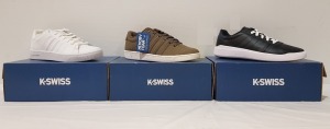 15 X BRAND NEW K.SWISS MEMORY FOAM TRAINERS IN VARIOUS COLOURS CHOCOLATE, WHITE/ BLACK, IN MIXED SIZES 5 IN SIZE UK 10, 3 IN SIZE 9 UK AND 6 IN 9.5 UK