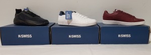 15 X BRAND NEW K.SWISS MEMORY FOAM TRAINERS IN MIXED COLOURS OX BLOOD/ WHITE, WHITE/ BLUE, BLACK, ALL IN UK SIZE 9