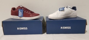 15 X BRAND NEW K.SWISS MEMORY FOAM TRAINERS IN MIXED COLOURS OX BLOOD/ WHITE, WHITE/ BLUE, ALL IN UK SIZE 9