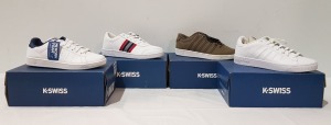 15 X BRAND NEW K.SWISS MEMORY FOAM TRAINERS IN MIXED COLOURS OX BLOOD/ WHITE, WHITE/ BLUE, WHITE / BLUE / GREY AND COCOCHIP/ WHITE ALL IN UK SIZE 9