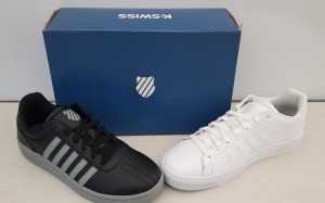 15 X BRAND NEW K.SWISS MEMORY FOAM TRAINERS IN VARIOUS COLOURS BLACK/ GREY, WHITE, RED/ WHITE, BLACK/ WHITE MIXED SIZES IN MIXED SIZES TO INCLUDE 4 IN SIZE UK 8.5, 1 IN SIZE UK 7, 10 IN UK SIZE 8