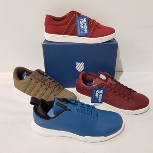 15 X BRAND NEW K.SWISS MEMORY FOAM TRAINERS IN MIXED COLOURS CHOCOCHIP/ WHITE, SEAPORT/ BLACK, RED/ WHITE, OX-BLOOD/ WHITE IN UK SIZE 8