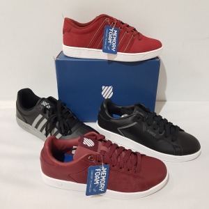 15 X BRAND NEW K.SWISS MEMORY FOAM TRAINERS IN MIXED COLOURS OXBLOOD/ WHITE, BLACK/ GREY, BLACK/ WHITE, RED/ WHITE IN UK SIZE 8