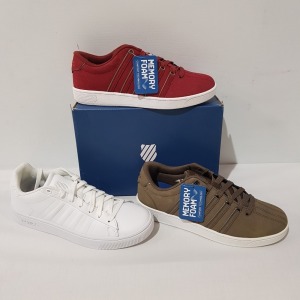 15 X BRAND NEW K.SWISS MEMORY FOAM TRAINERS IN MIXED COLOURS RED/ WHITE CHOCOCHIP/ WHITE AND WHITE , ALL IN UK SIZE 8