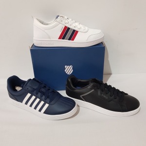 15 X BRAND NEW K.SWISS MEMORY FOAM TRAINERS IN MIXED COLOURS RED/ WHITE, CHARCOAL/ WHITE AND OXBLOOD/ WHITE , ALL IN UK SIZE 8