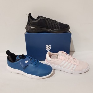 15 X BRAND NEW K.SWISS MEMORY FOAM TRAINERS IN MIXED COLOURS PEARL/ WHITE, BLACK, SEAPORT/ BLACK, BLACK/ GREY , ALL IN UK SIZE 7