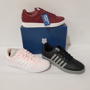 15 X BRAND NEW K.SWISS MEMORY FOAM TRAINERS IN MIXED COLOURS OXBLOOD/ WHITE, PEARL WHITE, BLACK/ GREY AND BLACK , ALL IN UK SIZE 7