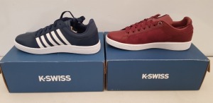 15 X BRAND NEW K.SWISS MEMORY FOAM TRAINERS IN MIXED COLOURS OXBLOOD/ WHITE, BLACK/ WHITE AND WHITE/ MIXED , ALL IN UK SIZE 7