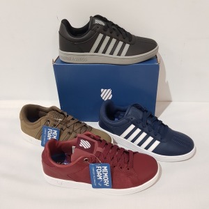 15 X BRAND NEW K.SWISS MEMORY FOAM TRAINERS IN MIXED COLOURS OXBLOOD/ WHITE, CHOCO CHIP/ WHITE, BLACK/ GREY, BLACK/ WHITE AND WHITE/ MIXED , ALL IN UK SIZE 7