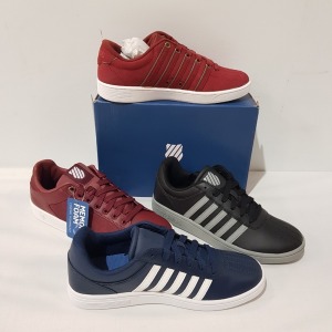 15 X BRAND NEW K.SWISS MEMORY FOAM TRAINERS IN MIX COLOURS OXBLOOD/ WHITE, BLACK/ GREY, BLACK/ WHITE AND FIREBRICK/ WHITE , ALL IN UK SIZE 7