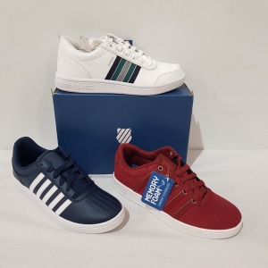 15 X BRAND NEW K.SWISS MEMORY FOAM TRAINERS IN MIX COLOURS BLACK/ WHITE, WHITE/ MIX, OXBLOOD/ WHITE AND FIREBRICK/ WHITE , ALL IN UK SIZE 7