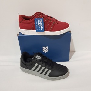 15 X BRAND NEW K.SWISS MEMORY FOAM TRAINERS IN MIX COLOURS BLACK/ GREY AND FIREBRICK/ WHITE , ALL IN UK SIZE 7