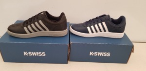 15 X BRAND NEW K.SWISS MEMORY FOAM TRAINERS IN MIX COLOURS BLACK/ GREY AND BLACK/ WHITE , IN MIXED UK SIZES, 5 IN SIZE UK 7 AND 10 IN SIZE UK 6