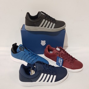 15 X BRAND NEW K.SWISS MEMORY FOAM TRAINERS IN MIX COLOURS BLACK/ WHITE, BLACK/ GREY, OXBLOOD/ WHITE AND SEAPORT/ BLACK , ALL IN UK SIZE 6