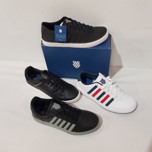 14 X BRAND NEW K.SWISS MEMORY FOAM TRAINERS IN MIX COLOURS BLACK/ GREY, CHARCOAL/ WHITE, WHITE/ MIX, BLACK/ WHITE, BLUE/ WHITE, AND WHITE , ALL IN MIXED UK SIZES, 13 IN SIZE 6.5 AND 1 IN SIZE 6