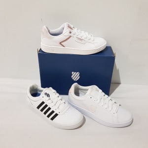 18 X BRAND NEW K.SWISS MEMORY FOAM WOMEN'S TRAINERS IN MIX COLOURS PEARL/ WHITE, BLACK/ WHITE AND WHITE/ ROSE GOLD , IN MIX SIZES, 15 IN SIZE UK 4.5 AND 3 IN SIZE 3.5 UK