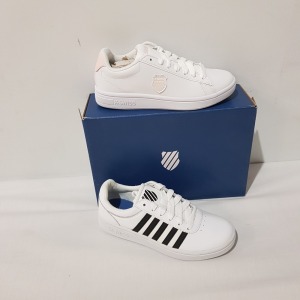 17 X BRAND NEW K.SWISS MEMORY FOAM WOMEN'S TRAINERS IN MIX COLOURS WHITE/ BLACK AND PEARL/ WHITE , ALL MIXED SIZES, 13 IN UK SIZE 4, 1 IN SIZE UK 4.5 AND 3 IN 3.5 UK