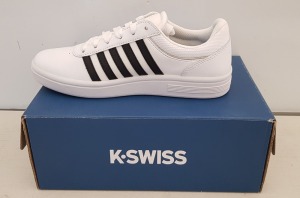 17 X BRAND NEW K.SWISS MEMORY FOAM WOMEN'S TRAINERS ALL IN THE COLOUR WHITE/ BLACK , ALL MIXED SIZES, 15 IN UK SIZE 4 AND 2 IN SIZE UK 2.5