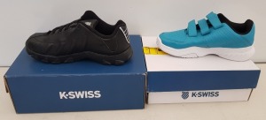 14 X BRAND NEW K.SWISS MEMORY FOAM TRAINERS ALL IN MIXED COLOURS BLACK/ SILVER, WHITE/ BLACK AND WHITE/ PEARL , ALL IN MIXED UK SIZES, 8 IN UK SIZE 3.5 , 2 IN UK SIZE 2.5 , 1 IN UK SIZE 2 AND 2 IN UK SIZE 13 AND 1 IN SIZE 1UK