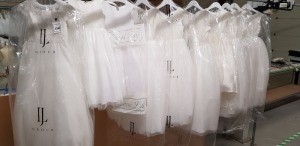 10 X PIECE BRAND NEW MIXED LINZI JAY KIDS COMMUNION DRESS LOT TO INCLUDE FLOWER GIRL WHITE DRESS - LACE BODICE WHITE DRESS - EMELIA WHITE DRESS - EMILY WHITE DRESS - FULL SKIRT FLOWER GIRL DRESS ETC ALL IN VARIOUS SIZES *** NOTE: ASSETS LOCATED IN BLACKBU