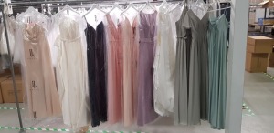 10 X PIECE BRAND NEW MIXED DRESS LOT TO INCLUDE IVORY WEDDING DRESS - BLACK DRESS - PLATINUM DRESS - WHITE WEDDING DRESS - SATIN DRESS - NUDE DRESS ETC ALL IN VARIOUS SIZES *** NOTE: ASSETS LOCATED IN BLACKBURN - COLLECT IN PERSON ONLY - BOOK SEPARATE COL