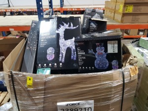 LARGE QTY MIXED CHRISTMAS LOT CONTAINING 1.15M SOFT ACRYLIC REINDEER LIGHT SCULPTURE 160 LEDS, 2000 LED CLUSTER BRIGHTS 25M LIT LENGTH IN WHITE, 1.5M CHERRY TREE 96 LEDS IN WHITE, 1000 LED TREEBRIGHTS 25M LIT LENGTH IN MULTI-COLOURS, ETC, ALL IN A BOX PAL