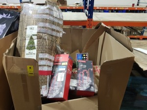 LARGE QTY MIXED CHRISTMAS LOT CONTAINING 7 FT PRE-LIT RIDGEMRE PINE XMAS TREE, WOODEN THREE TIER PLANTER 61.5CM BY 81CM, 4 PIECE CANDY CANE PATHLIGHTS IN RED, ETC, ALL IN HALF A BOX PALLET (PLEASE NOTE CUSTOMER RETURNS)