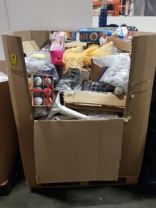 LARGE QTY MIXED CHRISTMAS LOT CONTAINING CHRISTMAS LED LIGHTS IN DIFFERENT LENGTHS, VARIETY OF XMAS BAUBLES IN RED/ WHITE, VARIETY OF GIANT CRACKERS INCLUDING BARBIE, NEON LIGHT STAND IN MULTI-COLOURS, ETC, ALL IN A BOX PALLET (PLEASE NOTE CUSTOMER RETURN