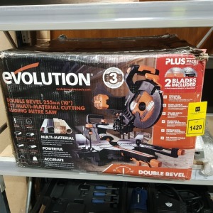 1 X EVOLUTION DOUBLE BEVEL 255 MM TCT MULTI-MATERIAL CUTTING SLIDING MITRE SAW - INCLUDES 2 BLADES ( R255 SMS-DB )