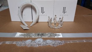 50 X PIECE BRAND NEW MIXED LINZI JAYNE WEDDING ACCESSORIES LOT TO INCLUDE ORGANZA FLOWER GIRL HEADBANDS - BUGLE BEAD LEAF DESIGN TRIM - BEADED BELT ORGANZA RIBBON - NARROW BEADED ORGANZA BELTS - DIAMANTE PEARL BELTS ETC *** NOTE: ASSETS LOCATED IN BLACKB