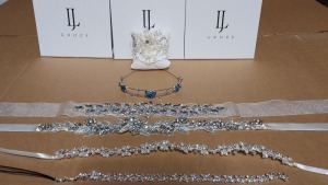 50 X PIECE BRAND NEW MIXED LINZI JAYNE WEDDING ACCESSORIES LOT TO INCLUDE DARK SILVER BEADED BELTS - NARROW BEADED BELTS - DOUBLE HEARTS MAID BANDS - PEARL LACE BRACLETS - SILVER HEADBANDS ETC *** NOTE: ASSETS LOCATED IN BLACKBURN - COLLECT IN PERSON ONL