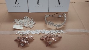 50 X PIECE BRAND NEW MIXED LINZI JAYNE AND AMANDA WYATT WEDDING ACCESSORIES LOT TO INCLUDE SILVER PEARL COMBS - DIAMANTE BANDS ON ELASTIC - ROSE GOLD LEAF COMBS - FLOWER DETAIL BELTS - PEARL NECKLACE ETC *** NOTE: ASSETS LOCATED IN BLACKBURN - COLLECT IN 