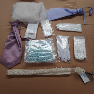 175 + PIECE BRAND NEW LINZI JAY MIXED LOT TO INCLUDE WEDDING GLOVES IN VARIOUS STYLES AND SIZES - BLUE WEDDING GARTERS - VARIOUS TIES - VAILS - BELTS - SOCKS ETC *** NOTE: ASSETS LOCATED IN BLACKBURN - COLLECT IN PERSON ONLY - BOOK SEPARATE COLLECTION TI