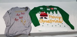 13 X BRAND NEW MIXED CHRISTMAS THEMED JUMPERS IN TWO STYLES 9 IN GREEN / WHITE IN MIXED SIZES LARGE , AND SMALL AND XL , 4 IN GREY IN SIZES 12/40 , 10/36 , 10/38 IN ONE TRAY (TRAY NOT INCLUDED)