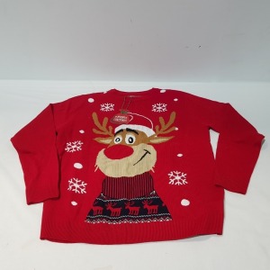 13 X BRAND NEW MIXED CHRISTMAS THEMED JUMPERS IN TWO STYLES REINDEER AND XMAS CRACKER IN MIXED SIZES SMALL , XLARGE AND LARGE IN ONE TRAY (TRAY NOT INCLUDED)