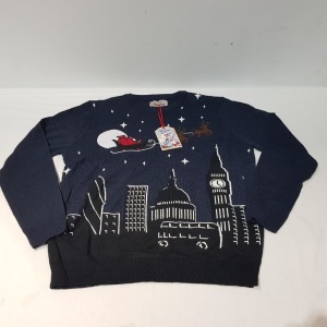 9 X BRAND NEW MEN'S LUXURY CHRISTMAS JUMPER SLEIGH OVER LONDON SKYLINE IN SIZES X LARGE AND XX LARGE IN ONE TRAY (TRAY NOT INCLUDED)